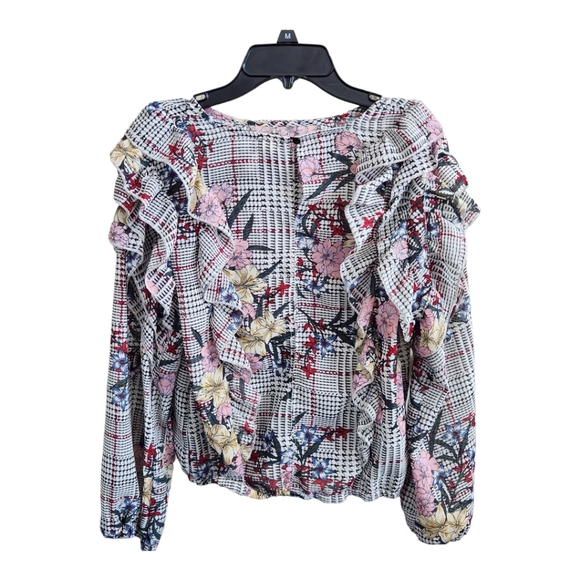 Truth Long Sleeve Floral & Plaid Blouse w/ Descending Ruffles juniors Size L - Picture 6 of 8